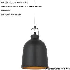 Hanging Ceiling Pendant Light - Matt Black & Aged Pewter Paint - 10W LED E27