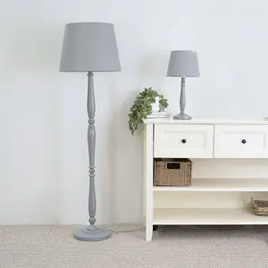 ValueLights Victoria Traditional Grey Wood Candlestick Table Lamp with Grey Tapered Shade - LED Bulb Included