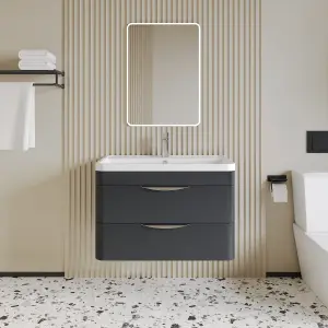 Wall Hung 2 Drawer Vanity Unit with Polymarble Basin - 800mm - Soft Black