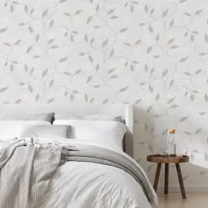 Boutique Ornamental Leaf Silver Textured Floral Wallpaper