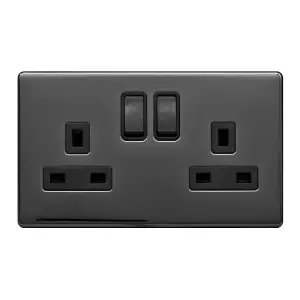 Black Nickel Screwless Plate 13A 2 Gang Switched Plug Socket, Double Pole - Black Trim - SE Home