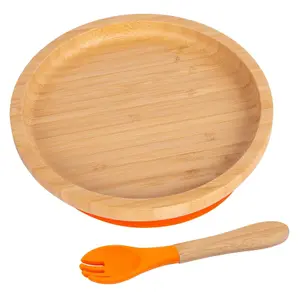 Bamboo Round Baby Weaning Plate & Fork Set - Orange