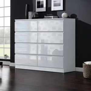 White Gloss Chest Of 8 Drawers Scratch Resistant Bedroom Furniture