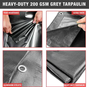 Grey Tarpaulin Waterproof Heavy Duty 200 GSM Tarp -Large, Durable Tarp for Car, Garden, Home - Versatile Groundsheet - 3m x 3m