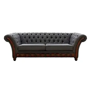 Chesterfield 3 Seater Sofa Antique Rust Leather Marinello Pewter Fabric In Jepson Style