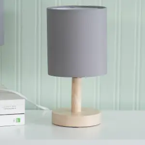 ValueLights Nelly Set of 2 - Natural Wood Base Bedside Table Lamps with Grey Cylinder Fabric Lampshade for Bedroom Light