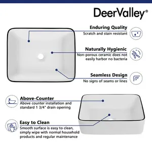 DeerValley 370mm White Ceramic Rectangular Countertop Basin Bathroom Sink