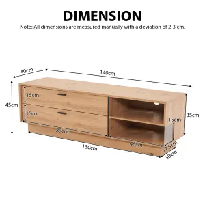 Oak-colored TV Stand for 60-inch TV, Two Drawers and Two Open Storage Spaces, Modern Entertainment Center, 140 x40x45 cm