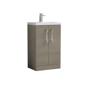 Compact Floor Standing 2 Door Vanity Basin Unit with Ceramic Basin - 500mm - Woodgrain Solace Oak