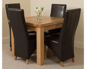 Richmond 90cm - 150cm Square Oak Extending Dining Table and 4 Chairs Dining Set with Lola Brown Leather Chairs