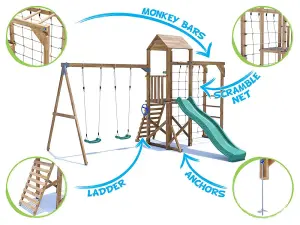 Dunter House Climbing Frame with Swings, Slide, Bars & Net BalconyFort Low Platform