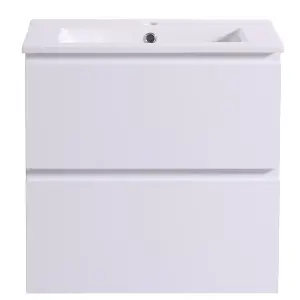 SunDaze 600mm Gloss White 2 Drawer Hung Cabinet Vanity Unit Ceramic Basin Bathroom Furniture