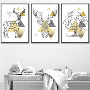 Set of 3 Geometric Line Art Yellow Stags Tree Set Wall Art Prints / 42x59cm (A2) / Dark Grey Frame