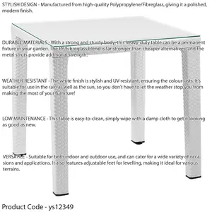 80x80cm Glass Top Outdoor Dining Table - Square White Rattan Style Garden