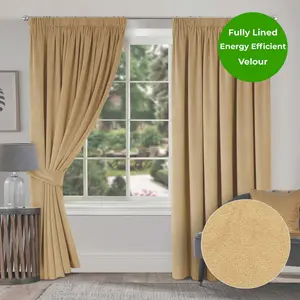 Home Curtains Montreal Super Soft Velour Fully Lined 65w x 72d" (165x183cm) Gold 3" Pencil pleat Curtains (PAIR)