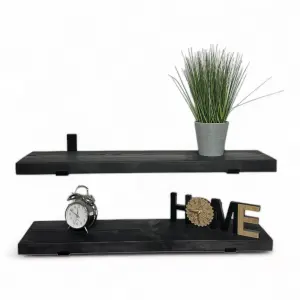 Black Handcrafted Rustic Wall-Mounted Floating Shelves with Black L Brackets, Kitchen Living Room (Set of 2, 120 cm Long)