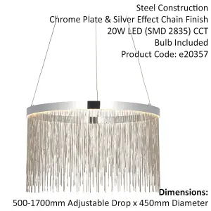 Circular Ceiling Pendant Light Fitting - Chrome Plate & Silver Waterfall Chains