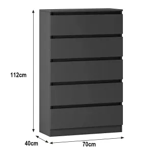 SunDaze Chest of Drawers Storage Bedroom Furniture Cabinet 5 Drawer Dark Grey 70x40x112cm