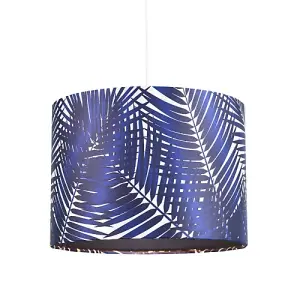 Modern Navy Midnight Blue Palm Leaves Drum Lamp Shade in Shimmer Satin Fabric