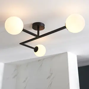 Matt Black Semi Fush Bathroom Ceiling Light & Opal Glass Shade - 3 Bulb Fitting