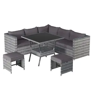 7 Seater Rattan Garden Patio Corner Sofa Set with High Glass Topped Dinning Table, for Indoor & Outdoor with Cushions, Grey