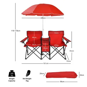 Costway Outdoor Portable Double Camping Chair Folding Picnic Chairs W/ Umbrella & Ice Bag