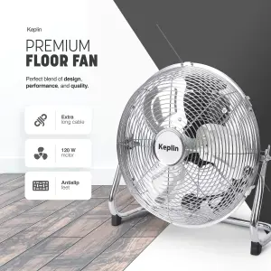 KEPLIN 16" Heavy Duty Chrome Floor Fan with 3 Speeds