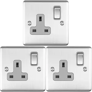 3 PACK 1 Gang Single UK Plug Socket SATIN STEEL 13A Switched Grey Trim Plate