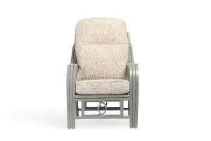 Desser Madrid Grey Natural Rattan Conservatory Armchair Real Cane Indoor Wicker Chair w/ UK Sewn Cushion in Farrow Fabric