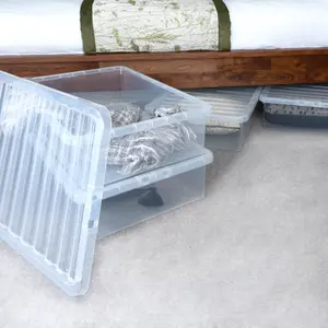 Wham Crystal 46L Medium Under Bed Plastic Storage Boxes With Lids - Pack of 4. Clear, Strong Made in UK Clear