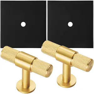 2 PACK - Cabinet Door Knob & Contrasting Backplate Set - Knurled T Bar Pull - Satin Brass & Matt Black