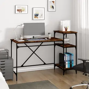 Berkfield Desk with Shelves Smoked Oak 135x50x90 cm Engineered Wood&Iron