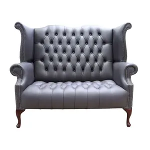 Chesterfield 2 Seater High Back Wing Chair Sofa Burnt Oak Leather In Queen Anne Style