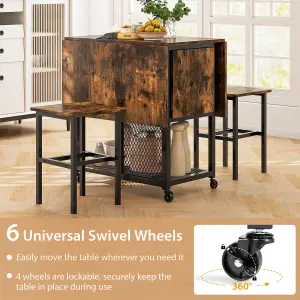 Costway 3 Set Foldable Dining Table 2 Stools Drop Leaf Extending Dining Table w/ Lockable Wheels