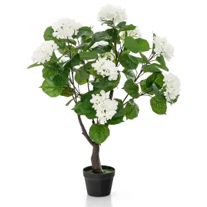 Costway Artificial Hydrangea Tree Fake Floral Plant with 11 White Flowers & Realistic Trunk in Plastic Nursery Pot