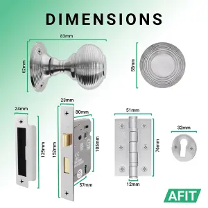 AFIT Beehive Key Lock Door Knob Set Satin Chrome - 1 Pair of Reeded Mortice Knobs (55mm), Sash Lock (80mm) & Hinges (76mm)