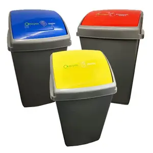 Set Of 3 (Yellow, Red & Blue) Large Grey 50L Commercial Waste Utility Recycling Bins With Colour Coded Swing Lids