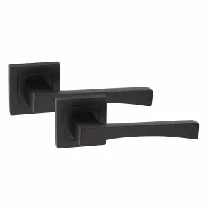 6 Pair Wave Design Door Handles Square Rose Matt Black Finish