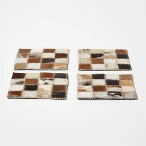 Homescapes Block Check Brown Leather Coasters Set of 4