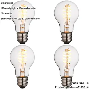 4 PACK Clear Glass 4W E27 GLS LED Light Bulb - Dimmable Warm White - 265lm 2200k