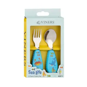 Kids Cutlery Set Stainless Steel Sea Life Themed Silicone Handle Fork & Spoon