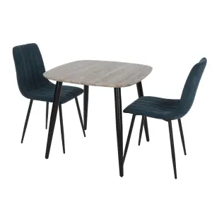 Core Products Aspen Grey Oak Effect 80cm Square Dining Table with 2 Blue Cord Fabric Straight Stitch Design Chairs