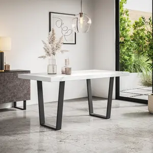 Aria Dining Table And Chairs -  White Marble Effect Table Top w Black Legs + Maya Boucle Dining Chair Set Of 6 (Ivory White)