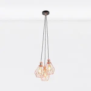 First Choice Lighting Set of 2 Matt Black & Copper Geometric 3 Light Cluster Pendants