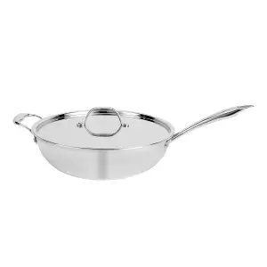 Royalford Triply Stainless Steel Wok Pan with Lid, Long Handle Deep Stir Fry Pan with Induction Base 24cm