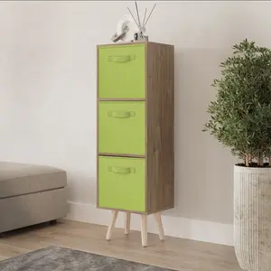 URBNLIVING 100cm Height Oak 3-Tier 3-Drawer Green Cube Shelving Unit with Scandinavian Pine Legs