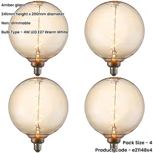 4 PACK Amber Glass 4W E27 LED Light Bulb - Spiral Design - Non-dimmable Warm White - 320lm 2000k