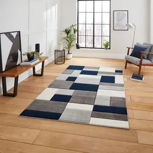 Geometric Grey Navy Modern Easy To Clean Rug For Dining Room-80cm X 150cm