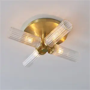 Semi Flush Ceiling Light & 2x Matching Wall Lights - Satin Brass Clear Ribbed Cylinder Shades