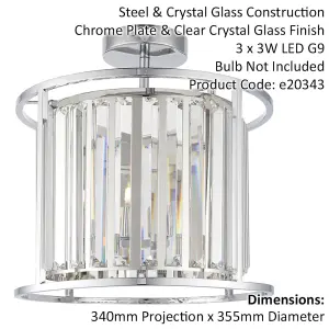 Semi Flush Multi Arm Bathroom Ceiling Light - Chrome Plated & Clear Crystals